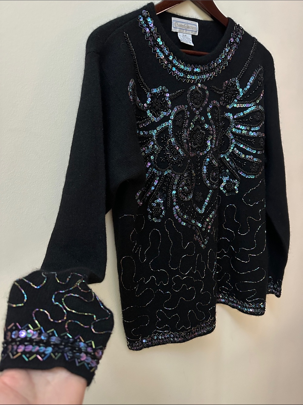 Black Embellished Crewneck Sweater with Iridescent Sequins - Picture 5 of 12